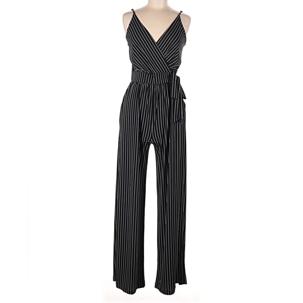 Kaileigh Black and White Pinstriped Wrap Jumpsuit